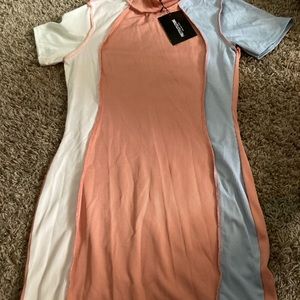 PLT Shape Pink Rib Panel Stitch Detail Short Sleeve Bodycon Dress